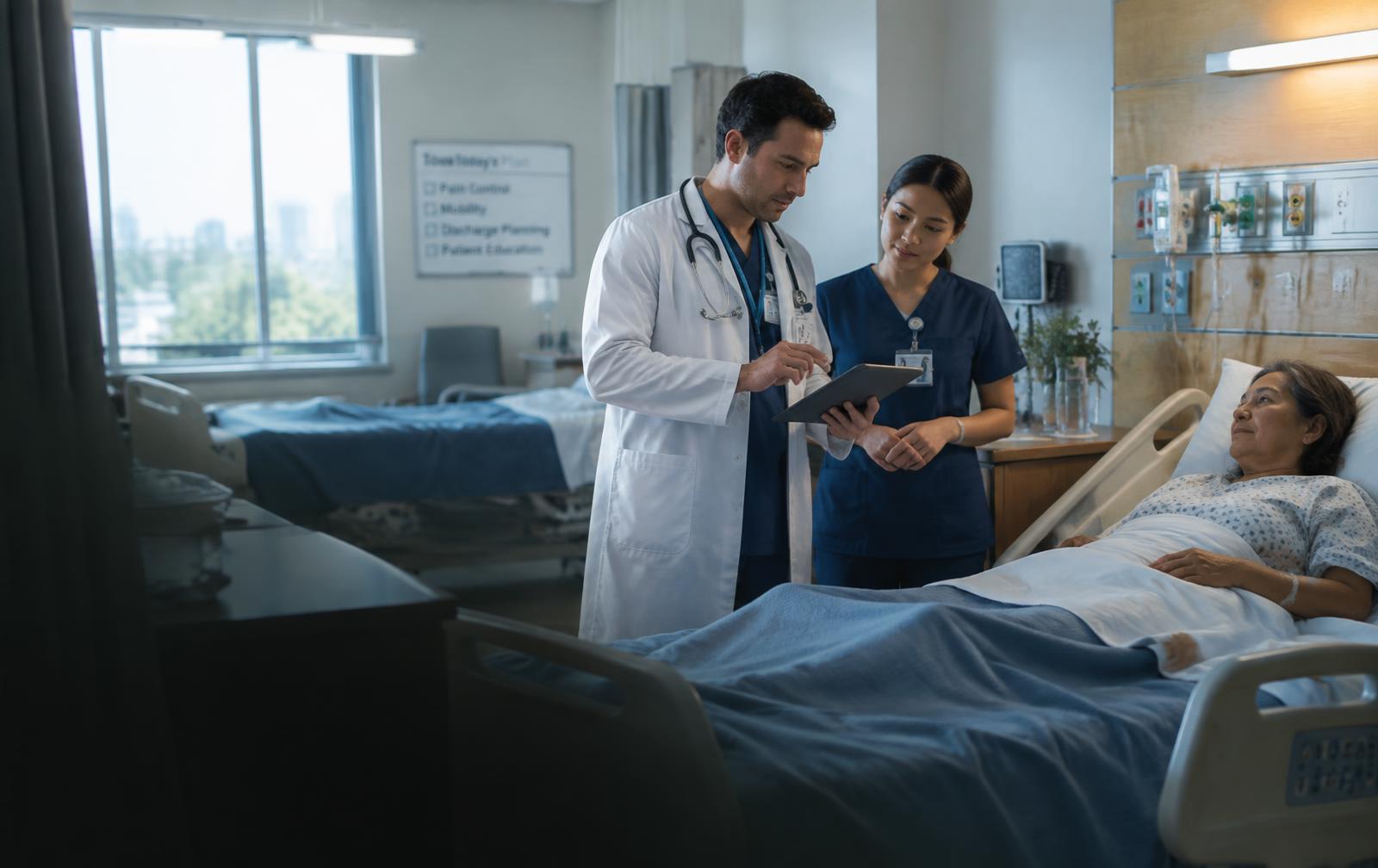 Hospitalist and nurse reviewing a tablet at a patient's bedside