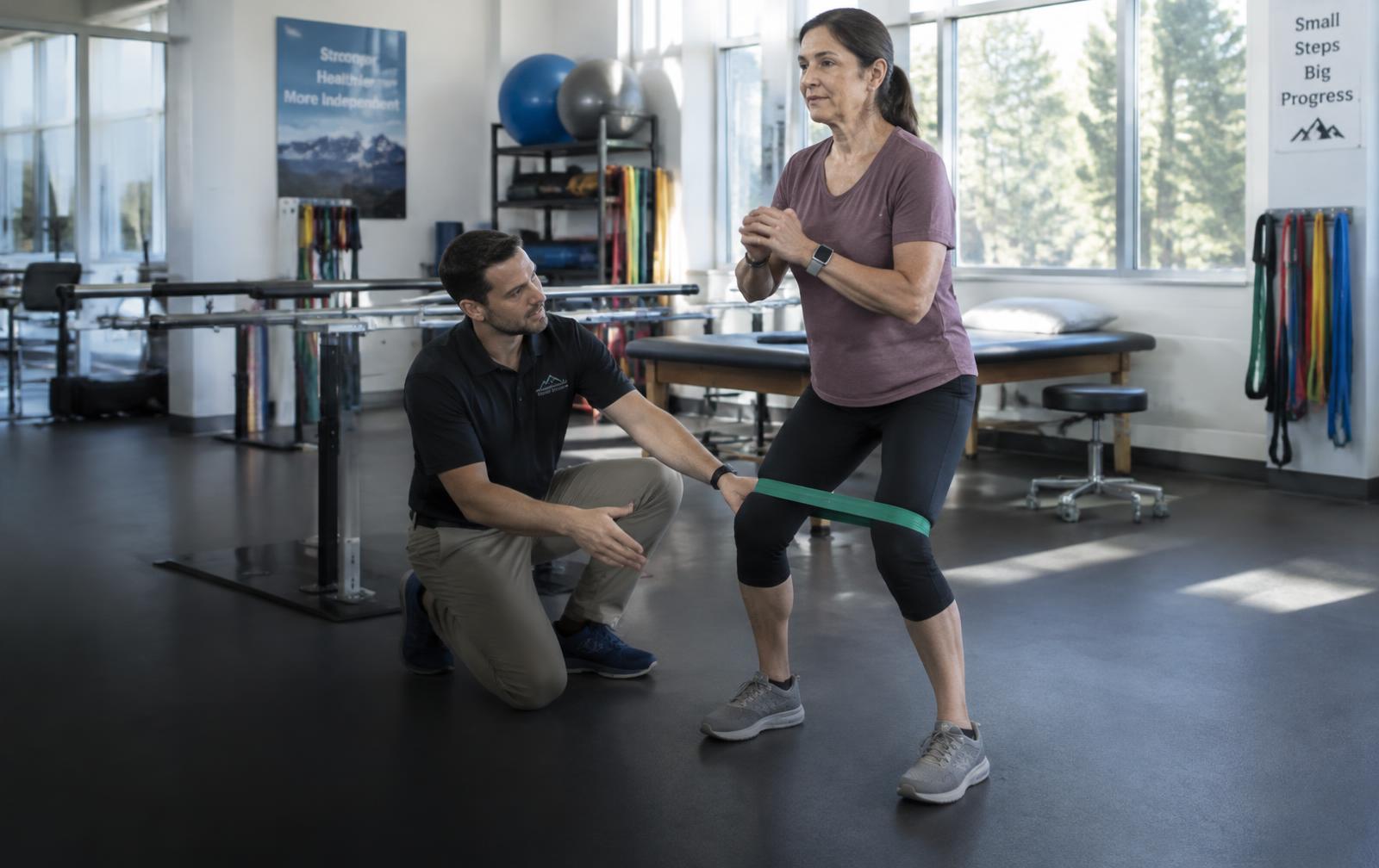 Physical therapist guiding a patient through a knee exercise