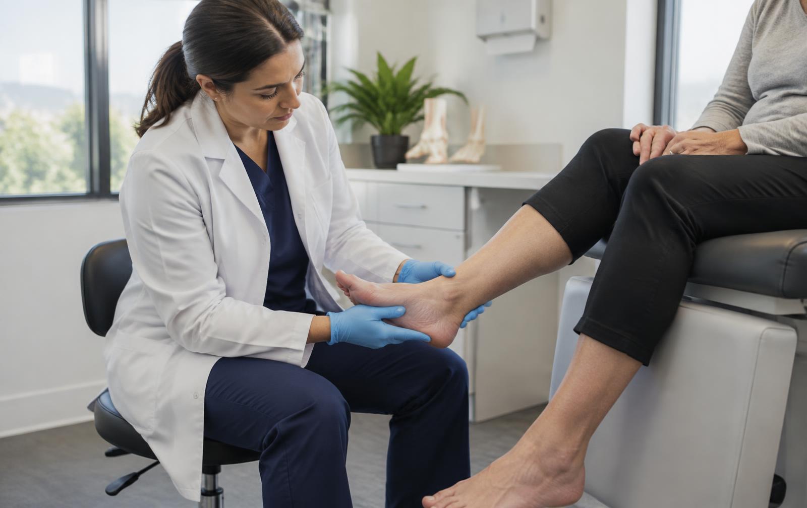 Podiatrist examining a patient's foot and ankle in a clinic