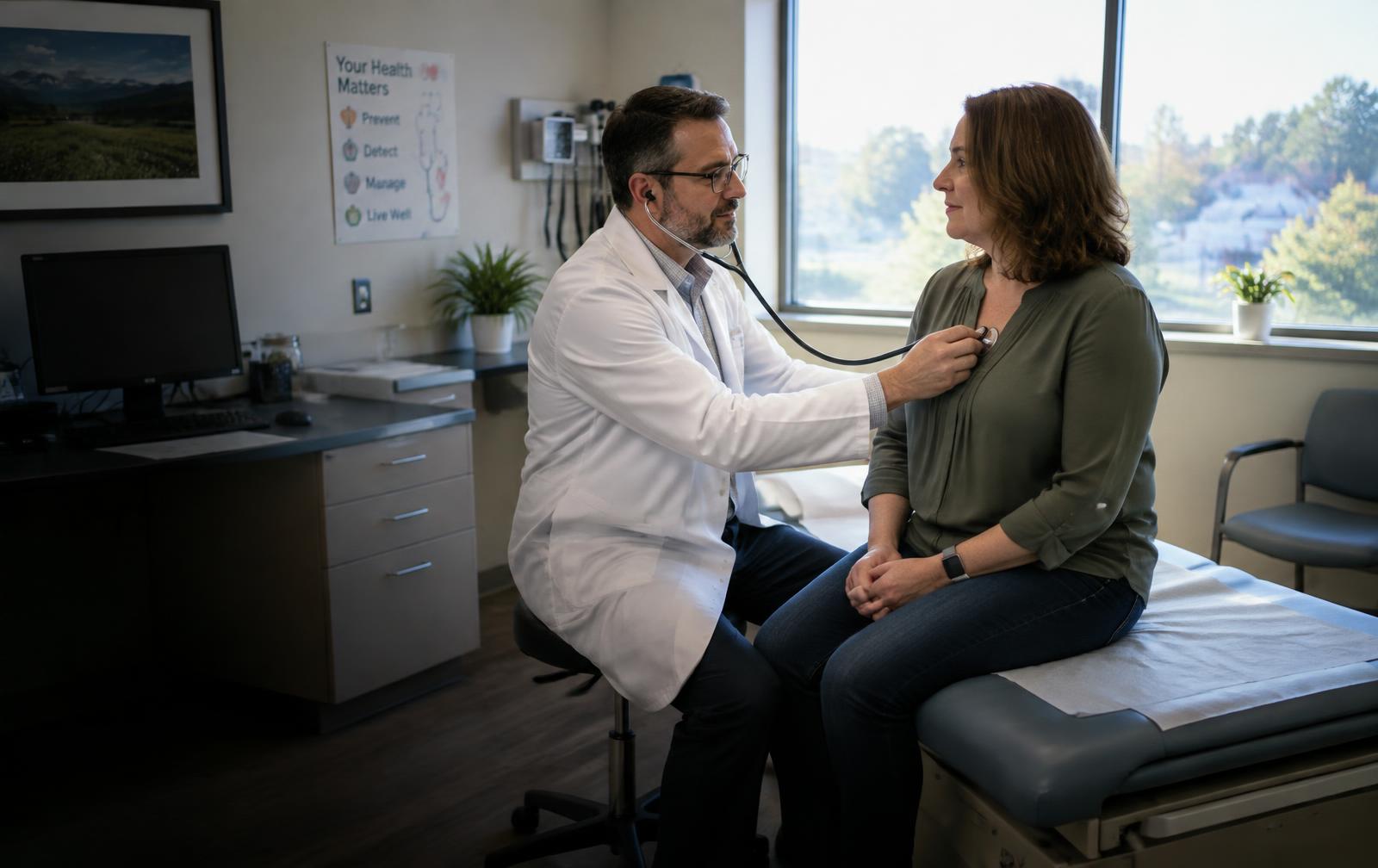 Family physician listening to a patient's heart in an exam room